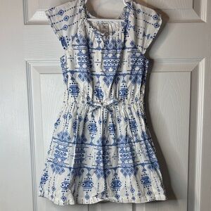 Girls White Dress with Blue Aztec Print